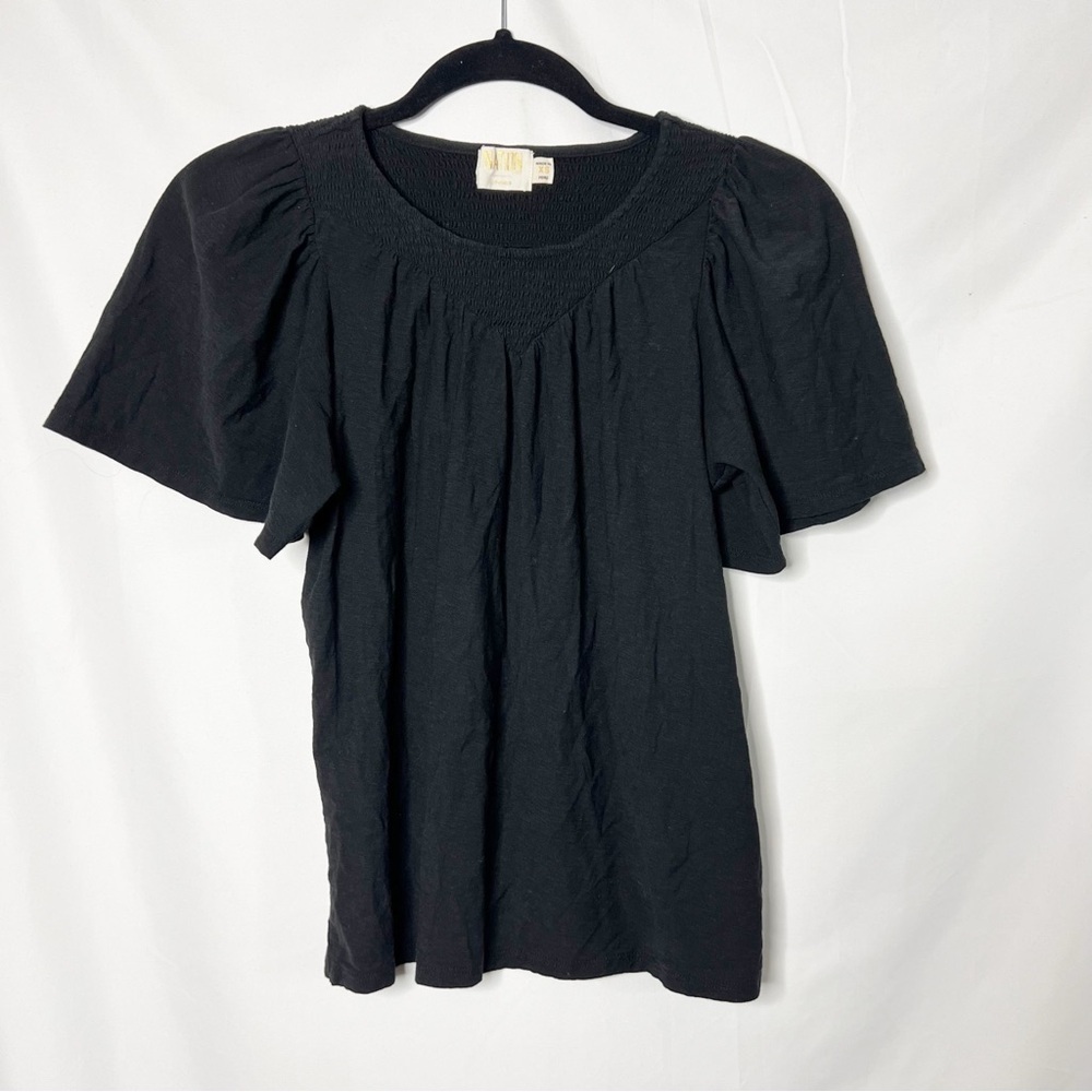 Nation Ltd Black Short Sleeve Smocked Flutter Sleeve Top